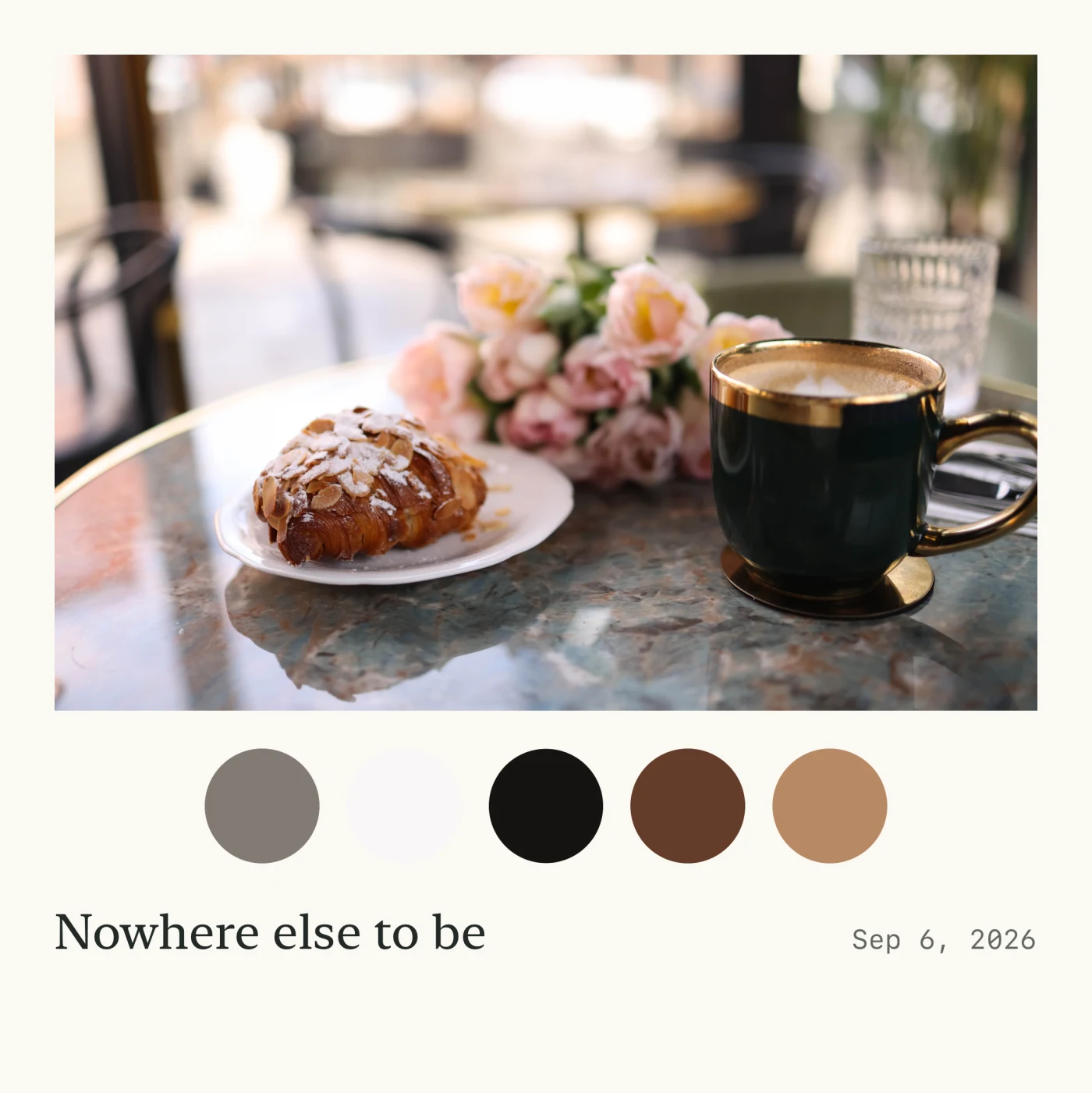 Coffee, cake and flowers in a cafe, with warm colors drawn from the photo.
