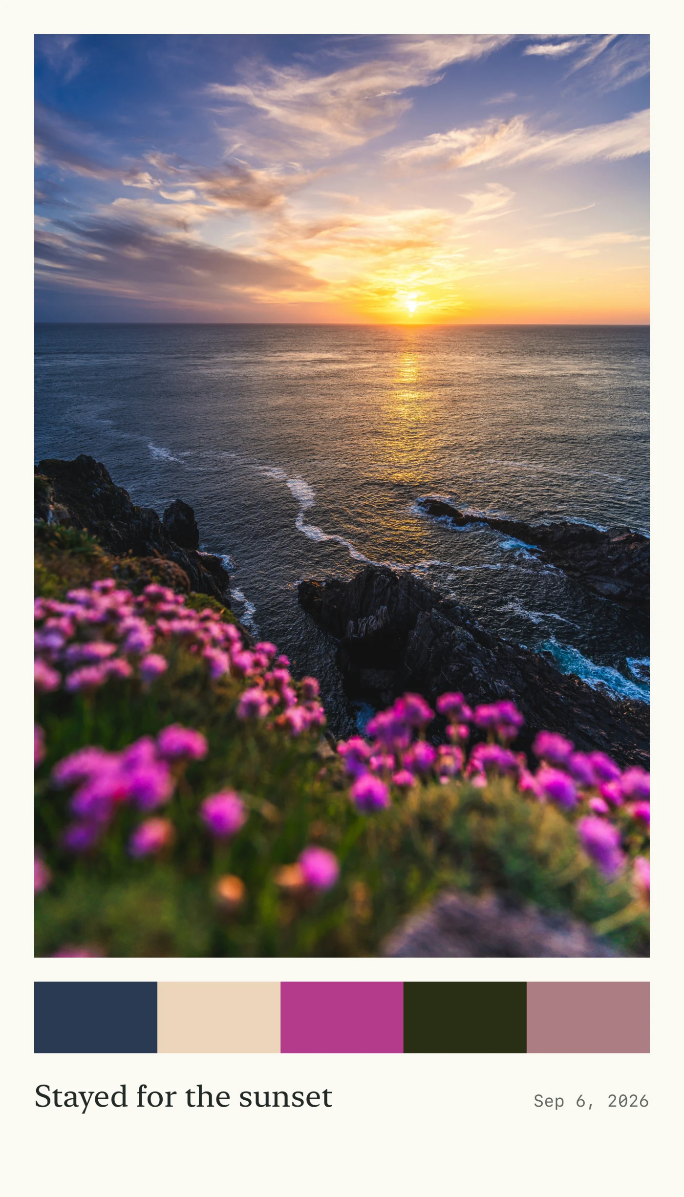 A sunset over the coast, with five colors extracted from the photo and the caption Stayed for the sunset.